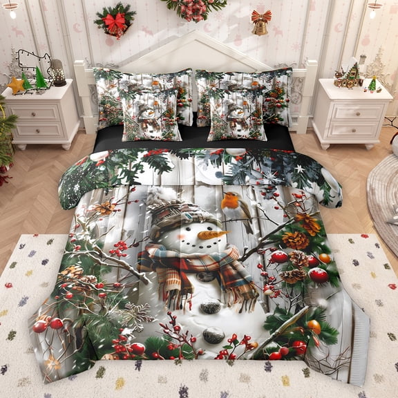 Homewish Funny Xmas Sonwman Bedding Comforter Set 7 Pieces for Teen, Merry Christmas Full Bedding Set, Rustic Lodge Cabin Reversible Fitted Sheet Flat Sheet, Super Cozy Room Decor