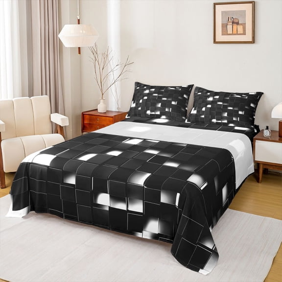 Homewish Futuristic Abstract Teens Twin Sheet Sets, Black White Stereoscopic Square Twin Fitted Sheet, Modern Fashion Style Flat Sheet, Breathable Home Decor, 3pcs
