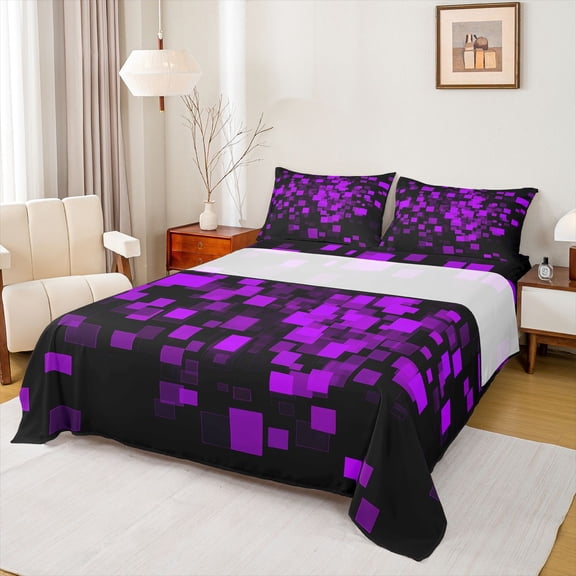 Homewish Futuristic Abstract Teens Twin Sheet Sets, Purple Stereoscopic Square Twin Fitted Sheet, Modern Fashion Style Flat Sheet, Super Cozy Room Decor, 3-Piece