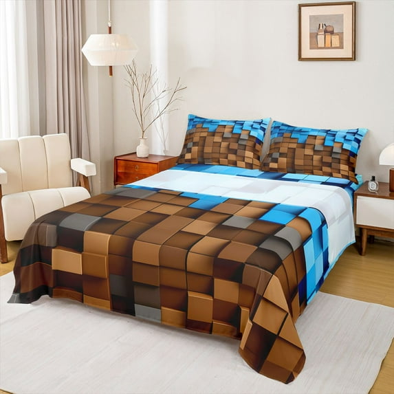 Homewish Futuristic Cubes 3pcs Twin Sheet Sets For Children Teens Adults,Geometric Plaid Grid Twin Fitted Sheet,Abstract Vintage Aesthetic Breathable Flat Sheet,Ultra Soft Home Decor