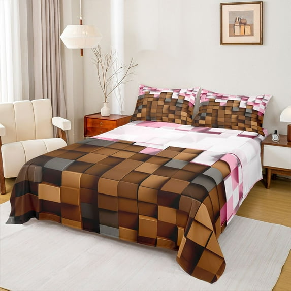 Homewish Futuristic Cubes 4pcs Bed Sheets For Children Teens Adults,Geometric Plaid Grid King Sheets,Abstract Vintage Aesthetic Super Cozy Sheet Set,Ultra Soft Home Decor