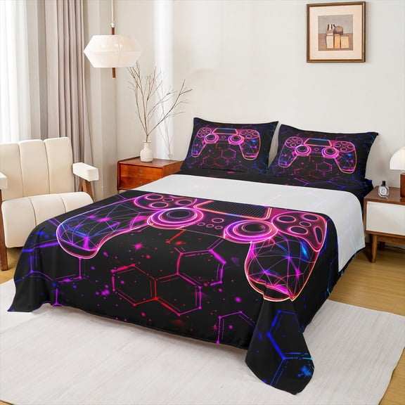 Homewish Futuristic Game Consloe Full Size Sheets for Teens, Black Pink Honeycomb Bed Sheets, Mystic Galaxy Sheet Sets, Breathable Home Decor, 4 Pieces