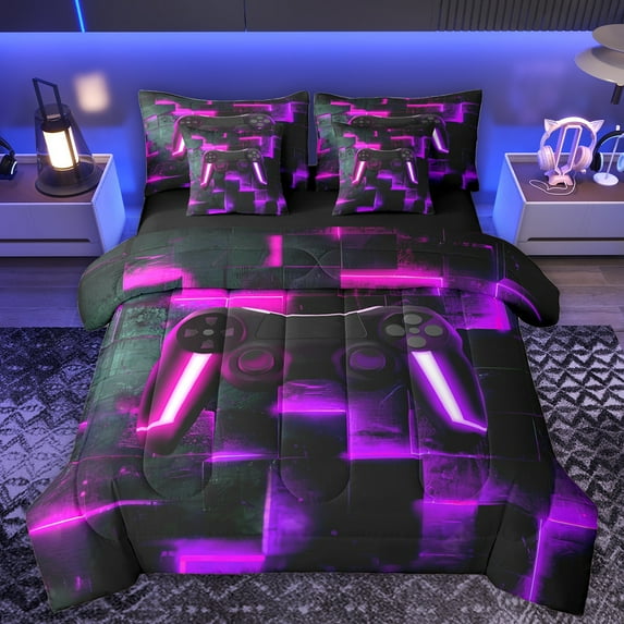 Homewish Futuristic Game Console Bedding Comforter Set 7 Pieces, Fuchsia Purple Honeycomb Full Bedding Set, Teens Kids Boys Girls Reversible Fitted Sheet Flat Sheet, Lightweight Room Decor