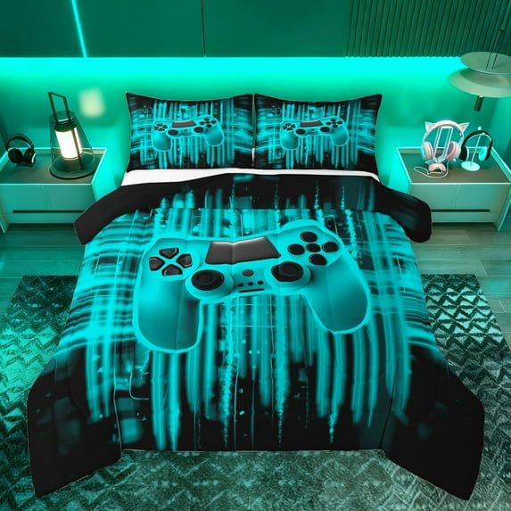 Homewish Futuristic Game Console Bedding Comforter Set, Cyan Gamepad Gamer Twin Comforter Sets, Teens Kids Girls Boys Reversible Bedding Set, Ultra Soft Bedroom Decor, 2 Pieces