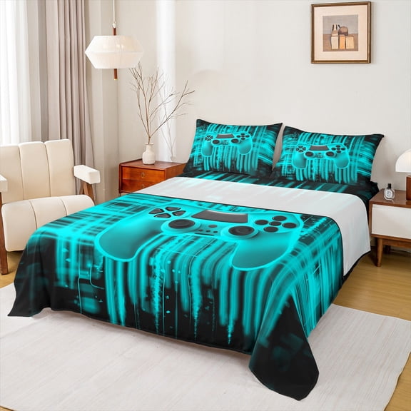 Homewish Futuristic Game Console Full Size Sheets, Cyan Gamepad Gamer Bed Sheets, Teens Kids Girls Boys Sheet Sets, Ultra Soft Bedroom Decor, 4 Pieces