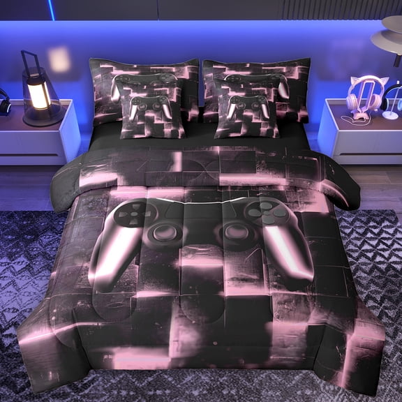 Homewish Futuristic Game Console Twin Bedding Sets 7-Piece, Black Pink Honeycomb Bedding Comforter Set, Teens Kids Boys Girls Reversible Sheet Sets, Breathable Home Decor