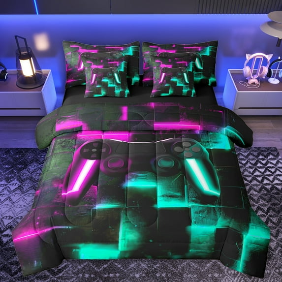 Homewish Futuristic Game Console Twin Bedding Sets 7-Piece, Purple Cyan Honeycomb Bedding Comforter Set, Teens Kids Boys Girls Reversible Sheet Sets, Lightweight Room Decor