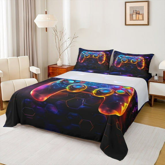 Homewish Modern Gamepad Boys Sheet Sets, Cartoon Game Controller Queen Fitted Sheet, 4pcs