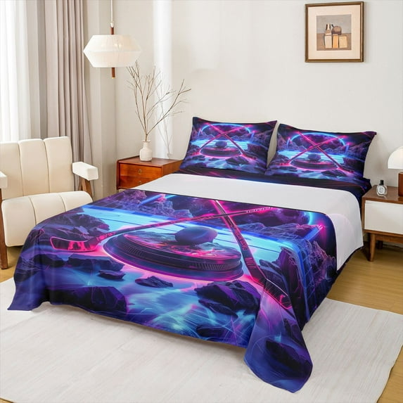 Homewish Futuristic Ice Hockey Twin Sheet Sets for Kids, Modern Sports Lover Twin Fitted Sheet, Est Hockey Sleep Flat Sheet, Microfiber Bedroom Decor, 3-Piece