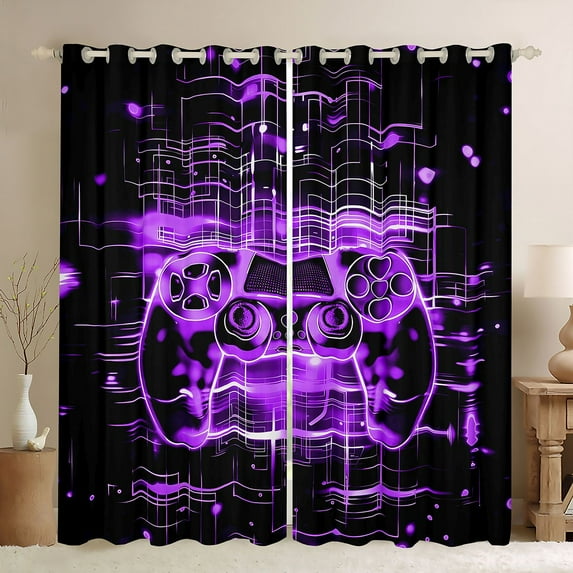 Homewish Futuristic Purple Gamepad Blackout Curtains Set of 2 (52x84 Each) for Kid, Modern Gaming Gamer Window Curtains, Chic Stripes Ombre Curtains and Drapes, Window Curtains Decor