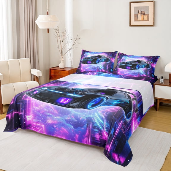 Homewish Futuristic Race Car Bed Sheets, Modern Extreme Sports King Sheets, Teens Kids Boys Girls Sheet Set, Luxury Bedroom Decor, 4 Pieces
