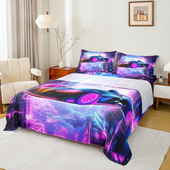 Homewish Futuristic Race Car Twin Sheet Sets, Modern Extreme Sports Twin Fitted Sheet, Teens Kids Boys Girls Flat Sheet, Microfiber Bedroom Decor, 3-Piece
