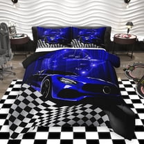 Homewish Futuristic Racing Car Bedding Comforter Set for Boys, Cartoon Navy Automobile Twin Comforter Sets, Buffalo Plaid Reversible Bedding Set, Luxury Bedroom Decor, 2-Piece