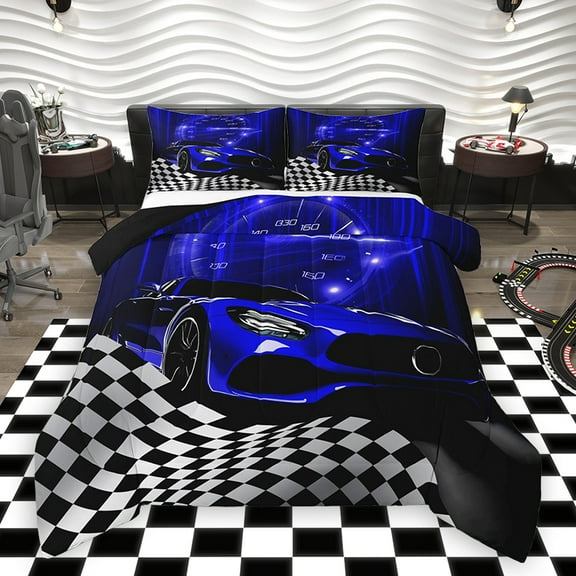 Homewish Futuristic Racing Car Bedding Comforter Set for Boys, Cartoon Navy Automobile Twin Comforter Sets, Buffalo Plaid Reversible Bedding Set, Luxury Bedroom Decor, 2-Piece