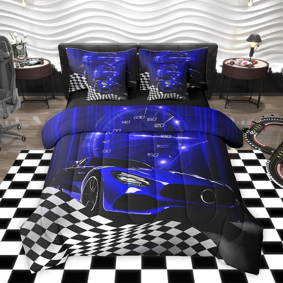Homewish Futuristic Racing Car Twin Bedding Sets 7-Piece for Boys, Cartoon Navy Automobile Bedding Comforter Set, Buffalo Plaid Reversible Sheet Sets, Luxury Bedroom Decor