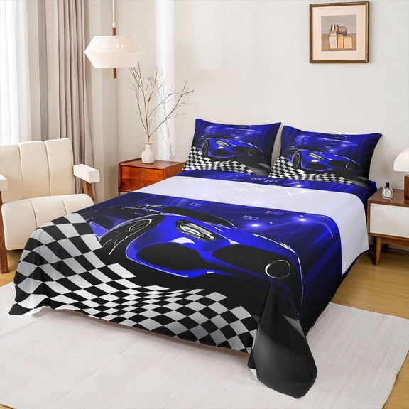 Homewish Futuristic Racing Car Twin Sheet Sets for Boys, Cartoon Navy Automobile Twin Fitted Sheet, Buffalo Plaid Flat Sheet, Luxury Bedroom Decor, 3-Piece
