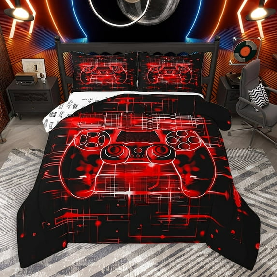 Homewish Futuristic Red Gamepad Queen Comforter Set for Kid, Modern Gaming Gamer Bedding Sets, Chic Stripes Ombre Reversible Bedding Comforter Set, Luxury Bedroom Decor, 3 Pieces