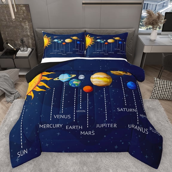 Homewish Galaxy Planet Bedding Comforter Set,Orange Bohemain Sun Twin Comforter Sets,Deepblue Bedding Set For Boys,Ultra Soft Home Decor Reversible,2pcs