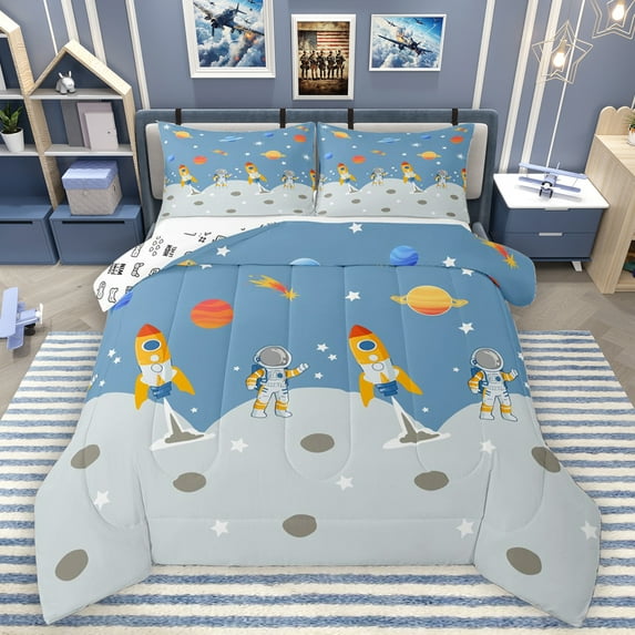 Homewish Galaxy Planet Queen Comforter Set,Cartoon Rocket Astromaut Bedding Sets,Blue Gray Bedding Comforter Set For Boys Teens,Luxury Bedroom Decor Reversible,3-Piece