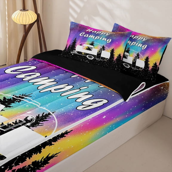Homewish Galaxy RV Car Camping Zipper Twin Comforter Sets with Fitted Sheet and 2 Pillowcases, Colorful Starry Night Zipper Bedding Set for Men and Women, Black Reversible, 4 Pieces