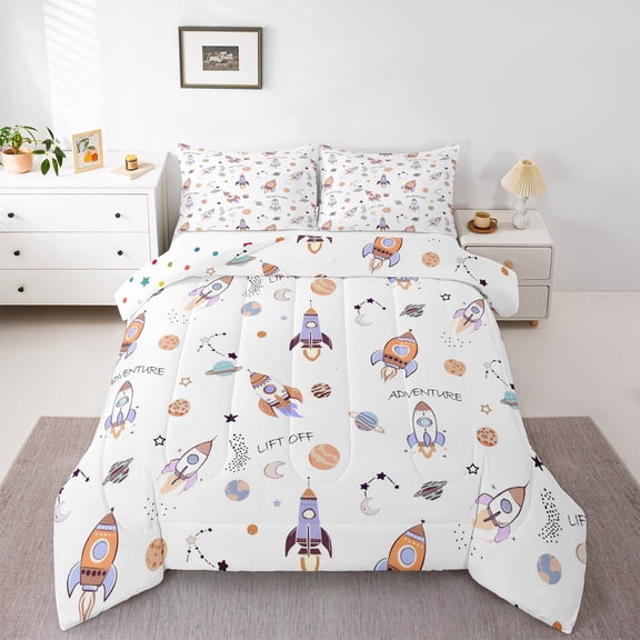 Homewish Galaxy Rocket 3 Pieces Queen Comforter Set For Teens Boys Girls,Cartoon Universe Planet Ultra Soft Bedding Sets,Cute Cosmos Bedding Comforter Set,Lightweight Room Decor,Reversible