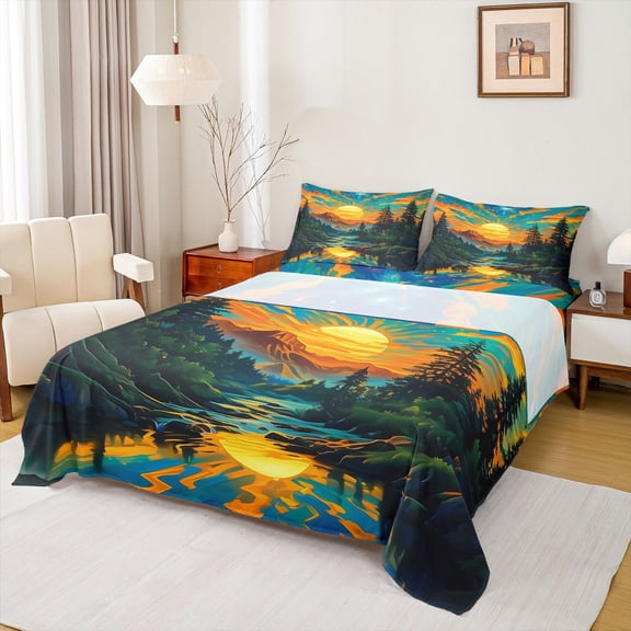 Homewish Galaxy Starry Night Queen Sheet Sets,Natural Scenery Flat Sheet,Orange Sunset Queen Fitted Sheet For Men Women,Microfiber Bedroom Decor,4 Pieces