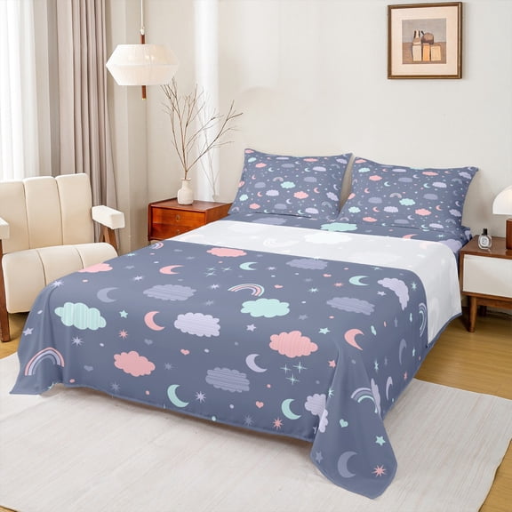 Homewish Galaxy Stars Moon Full Size Sheets, Cute Cloud Rainbow Bed Sheets, Blue Cartoon Starry Sky Sheet Sets, Microfiber Bedroom Decor, 4-Piece
