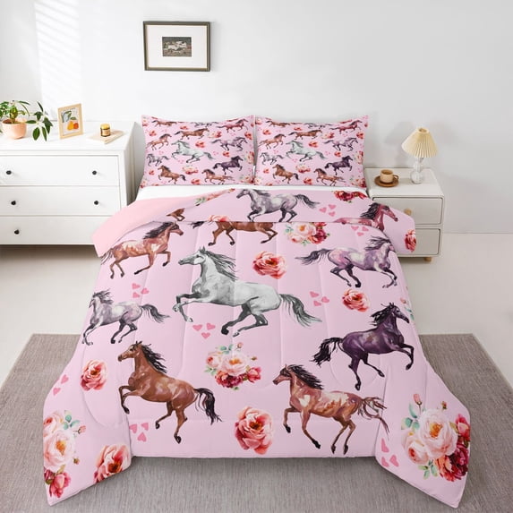 Homewish Galloping Horse 2pcs Bedding Comforter Set for Teens,Farmhouse Animal Twin Comforter Sets,Chic Flower Rose Breathable Bedding Set,Breathable Home Decor,Reversible