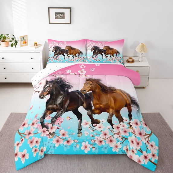 Homewish Galloping Horse 3 Pieces Queen Comforter Set For Teens Female Men,Western Farmhouse Animal Ultra Soft Bedding Sets,Cherry Blossom Bedding Comforter Set,Gradient Room Decor,Reversible
