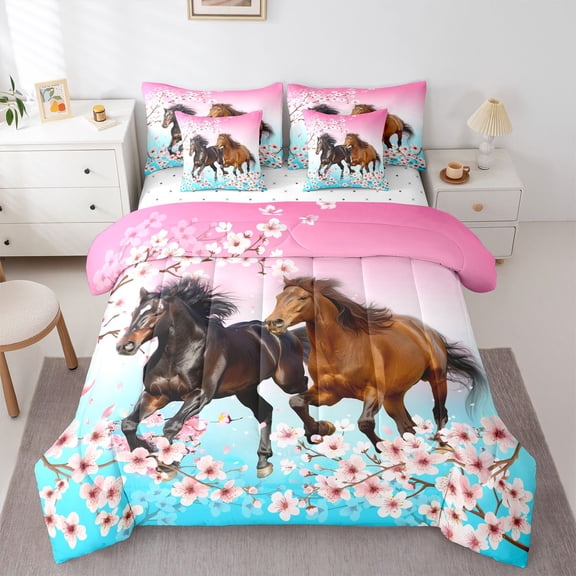 Homewish Galloping Horse 7 Pieces Bedding Comforter Set For Teens Female Men,Western Farmhouse Animal Full Bedding Set Lightweight,Cherry Blossom Fitted Sheet Flat Sheet,Gradient Room Decor
