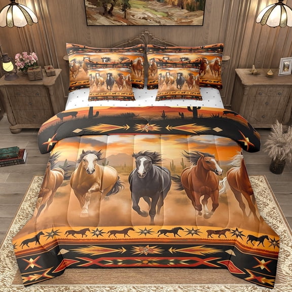Homewish Galloping Horse Bedding Comforter Set 7-Piece for Kids Children Teens,Western Farmhouse Animal King Bedding Sets,Bohemian Tribal Aztec Ultra Soft Bed Sheets,Lightweight Room Decor