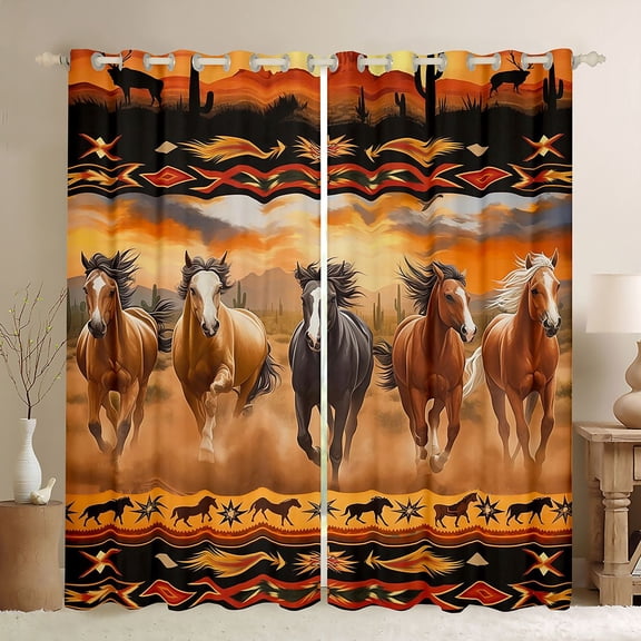 Homewish Galloping Horse Black Out Curtains for Kids Children Teens,Western Farmhouse Animal Curtains Pack of 2 (42x63 Each),Bohemian Tribal Aztec Bedroom Curtains,Lightweight Room Decor