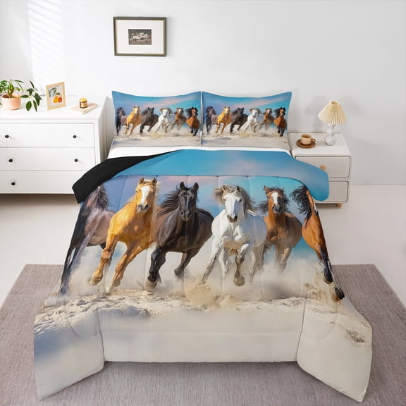 Homewish Galloping Horse Full Size Comforter Sets 3-Piece for Female Men Adults,Western Farmhouse Animal Bedding Comforter Set,Retro Vintage Lightweight Bedding Sets,Microfiber Bedroom Decor