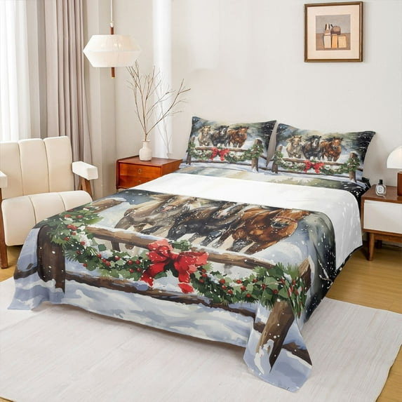 Homewish Galloping Horse Full Size Sheets 4-Piece for Teens Boys Girls,Merry Christmas Breathable Bed Sheets,Red Bowknot Lightweight Sheet Sets,Luxury Bedroom Decor