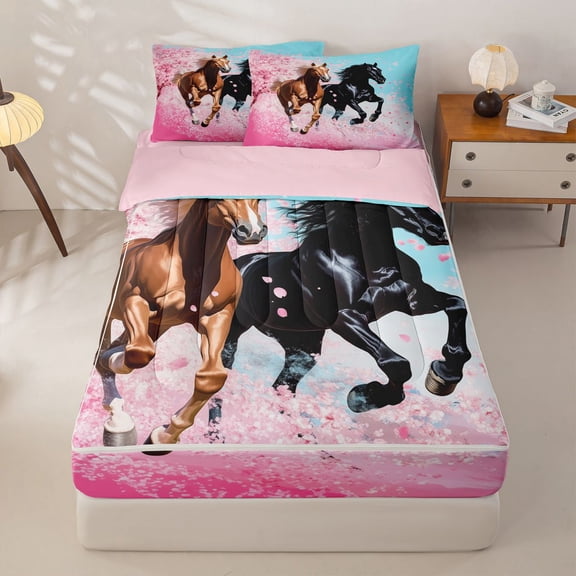 Homewish Galloping Horse Zipper Twin Comforter Sets with Fitted Sheet and 2 Pillowcases, Pink Cherry Blossoms Zipper Bedding Set, Pink Reversible, 4pcs