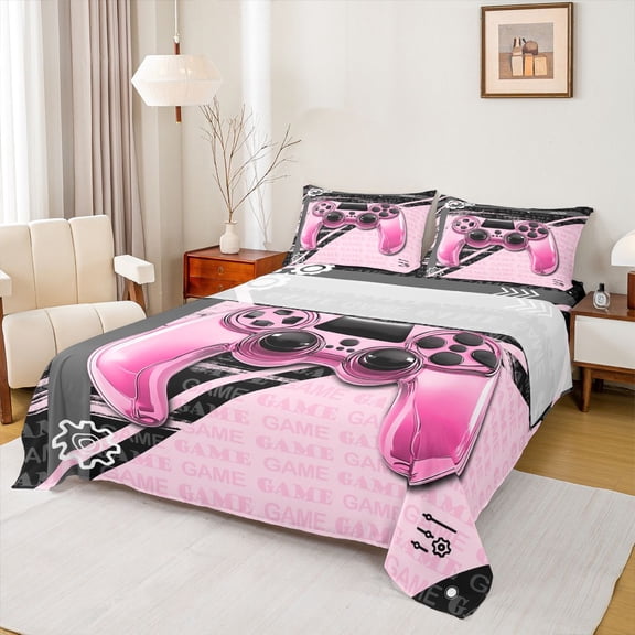 Homewish Game Console Bed Sheets,Gamepad Gamer King Sheets,Black Pink Sheet Set For Kids,Super Cozy Room Decor,4pcs