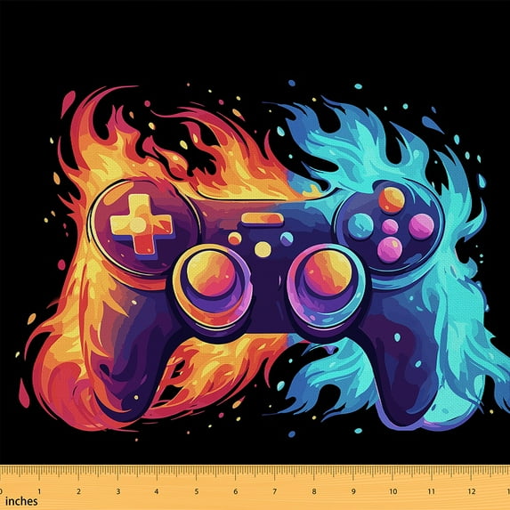 Homewish Game Console Fabric by the Yard 3 Yard,Gamer Gaming Sewing Fabric, Orange Blue Black Room Decor Fabric by the Yard For Boys,Breathable Bedroom Decorative