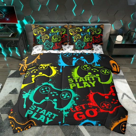 Homewish Gamepad Controller 7pcs Bedding Comforter Set,Colorful Splash Ink Queen Bedding Sets,Green Red Black Queen Sheet Sets For Teens,Ultra Soft Home Decor Reversible