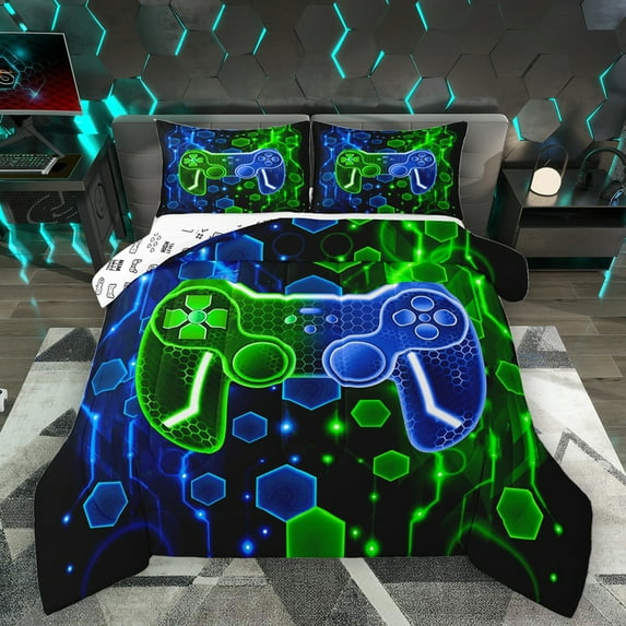 Homewish Gamepad Controller Queen Comforter Set,Geometric Hockeycomb Hexagon Bedding Sets,Green Blue Black Bedding Comforter Set For Teens,Ultra Soft Home Decor Reversible,3pcs