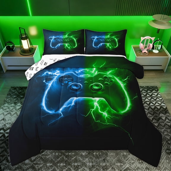 Homewish Gamepad Game Controller Bedding Comforter Set, Blue Green Lightning Twin Comforter Sets, Teens Kids Boys Girls Reversible Bedding Set, Super Cozy Room Decor, 2pcs