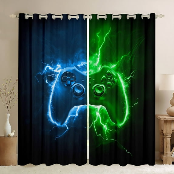 Homewish Gamepad Game Controller Black Out Curtains, Blue Green Lightning Curtains Pack of 2 (42x63 Each), Teens Kids Boys Girls Bedroom Curtains, Window Curtains Decor