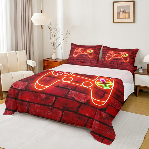 Homewish Gamepad Full Sheet Set (4-Piece) Rustic Stone Wall Neon Red Decor For Kids