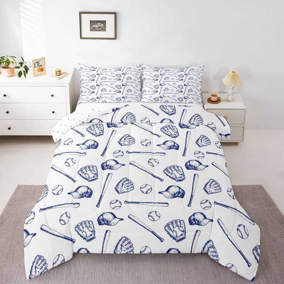 Homewish Gamer Baseball 3 Pieces Queen Comforter Set for Kids Teens Adults,Blue White Ultra Soft Bedding Sets,Sport Game Bedding Comforter Set Breathable,Lightweight Room Decor,Reversible