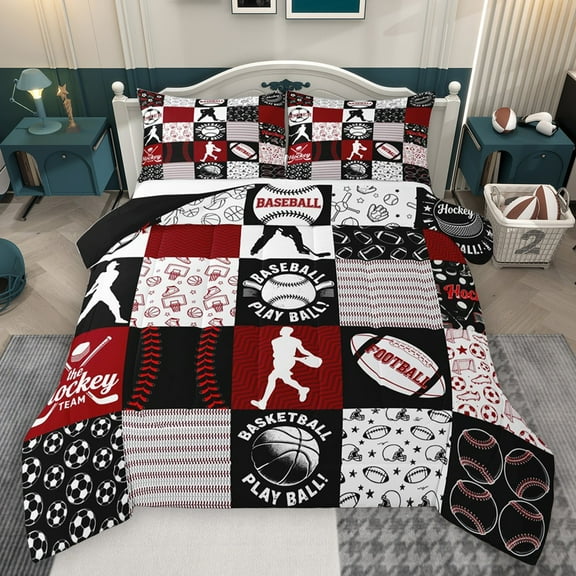 Homewish Gamer Baseball Football Bedding Comforter Set 2pcs for Kids Teens Adults,Black Red Twin Comforter Sets Microfiber,Sport Geometric Plaid Breathable Bedding Set,Lightweight Room Decor