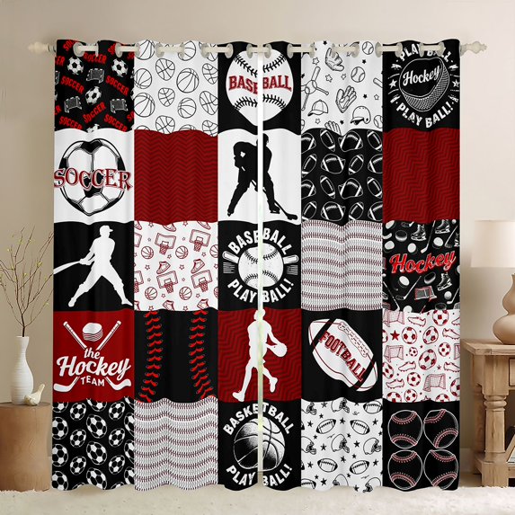 Homewish Gamer Baseball Football Black Out Curtains for Kids Teens Adults,Black Red Curtains Pack of 2 (42x63 Each),Sport Geometric Plaid Bedroom Curtains,Lightweight Room Decor