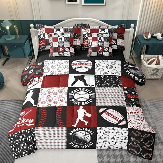 Homewish Gamer Baseball Football Twin Bedding Sets 7-Piece for Kids Teens Adults,Black Red Bedding Comforter Set Microfiber,Sport Geometric Plaid Breathable Sheet Sets,Lightweight Room Decor