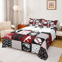 Homewish Gamer Baseball Football Twin Sheet Sets 3pcs for Kids Teens Adults,Black Red Twin Fitted Sheet Microfiber,Sport Geometric Plaid Breathable Flat Sheet,Lightweight Room Decor
