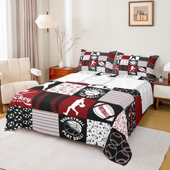 Homewish Gamer Baseball Football Twin Sheet Sets 3pcs for Kids Teens Adults,Black Red Twin Fitted Sheet Microfiber,Sport Geometric Plaid Breathable Flat Sheet,Lightweight Room Decor