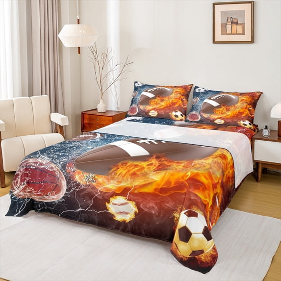 Homewish Gamer Football Basketball Soccer Boy 3pcs Twin Sheet Sets,Sport Theme Twin Fitted Sheet,Abstract Lightning Breathable Flat Sheet,Super Cozy Room Decor