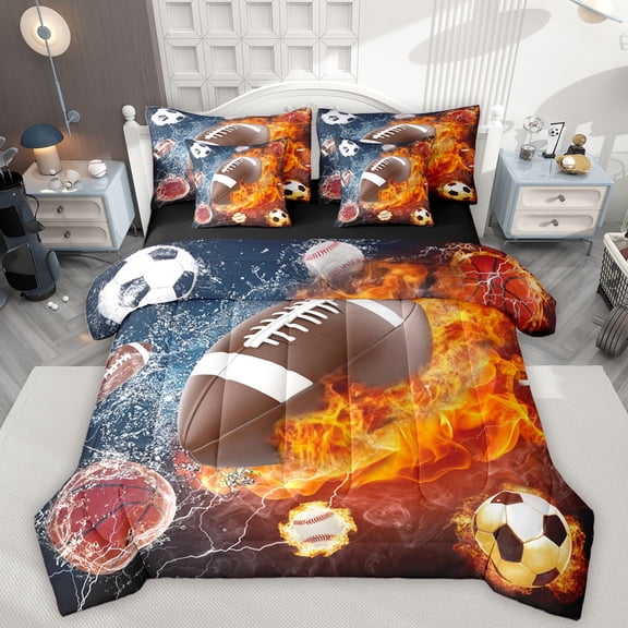 Homewish Gamer Football Basketball Soccer Boy 7-Piece Twin Bedding Sets,Sport Theme Bedding Comforter Set,Abstract Lightning Breathable Sheet Sets,Super Cozy Room Decor,Reversible